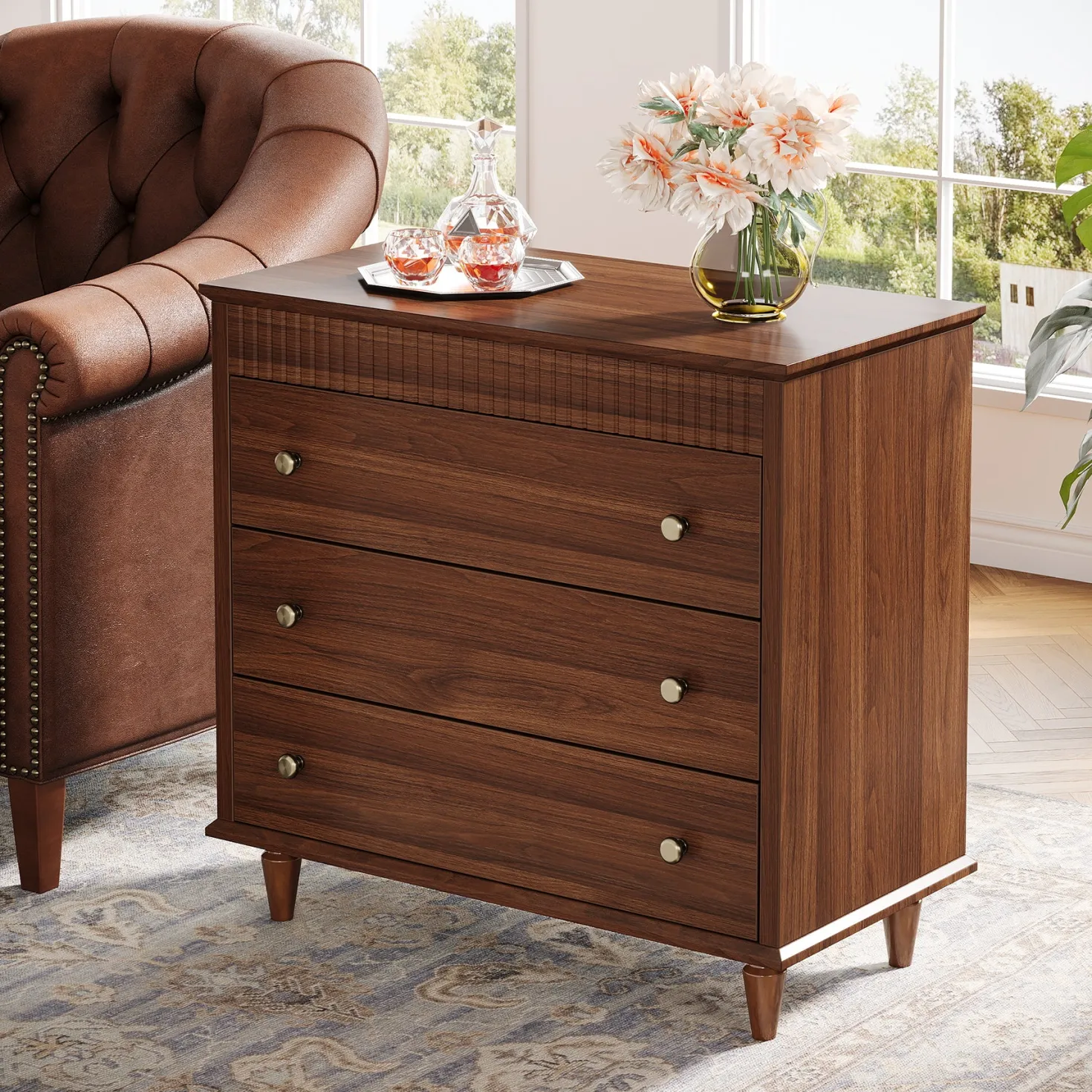 Nightstand with 3 Drawers, 31.5" Oversized Bedside Table with Mental Handles