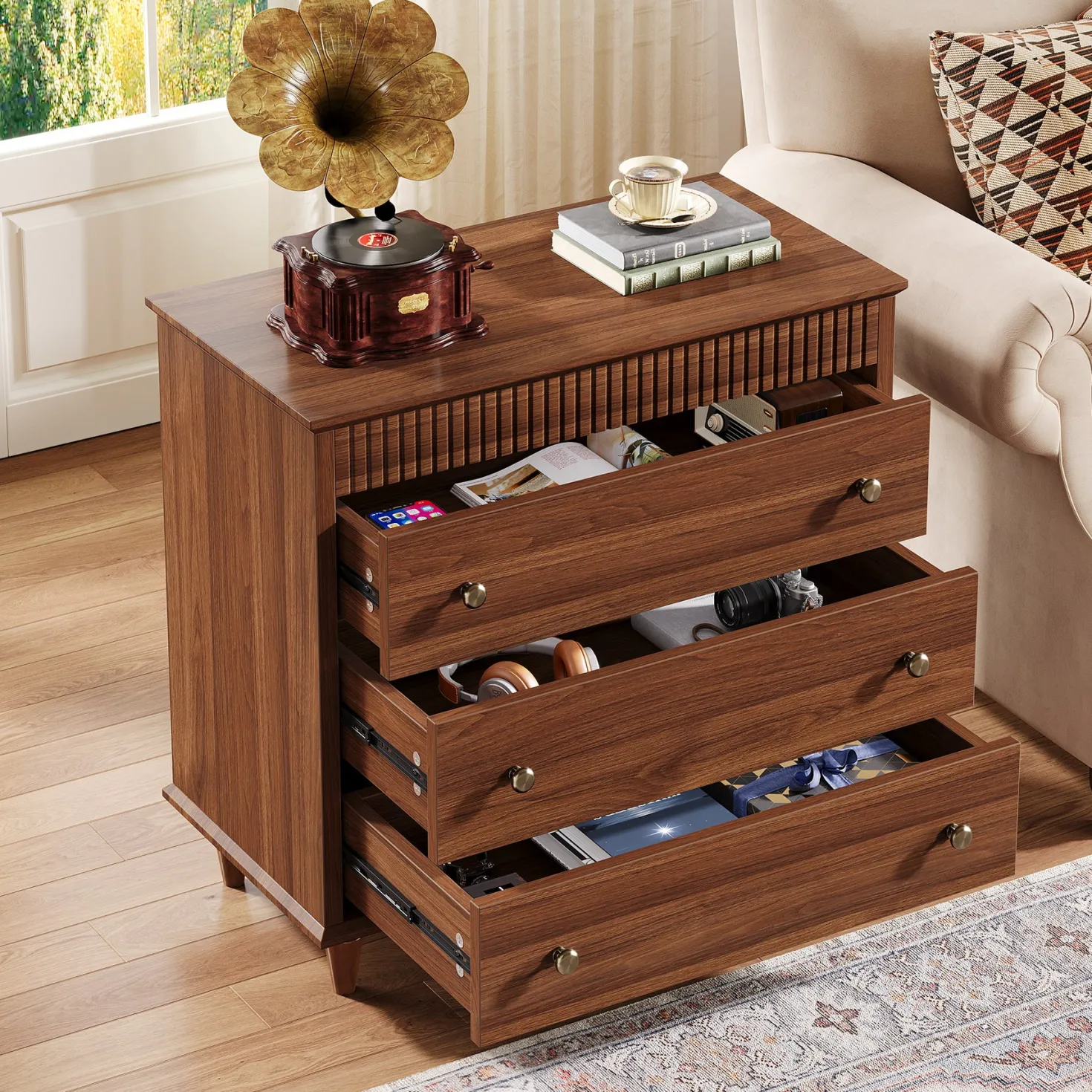 Nightstand with 3 Drawers, 31.5" Oversized Bedside Table with Mental Handles