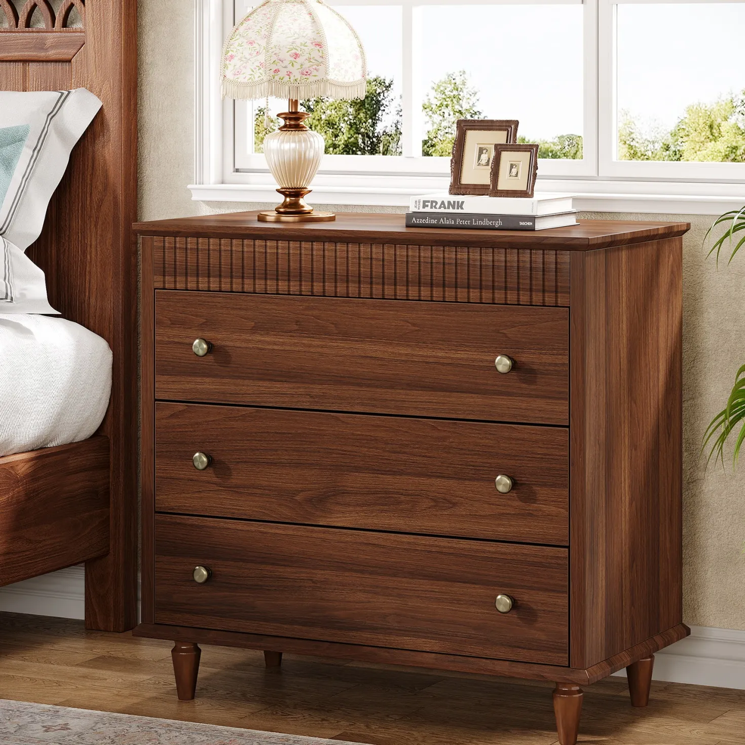 Nightstand with 3 Drawers, 31.5" Oversized Bedside Table with Mental Handles