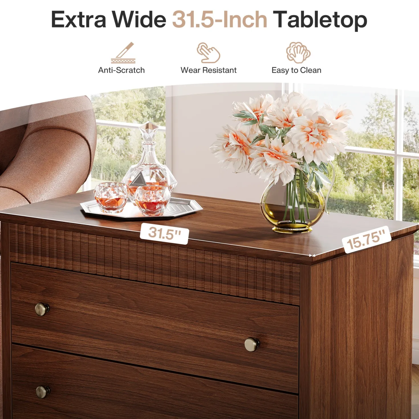 Nightstand with 3 Drawers, 31.5" Oversized Bedside Table with Mental Handles
