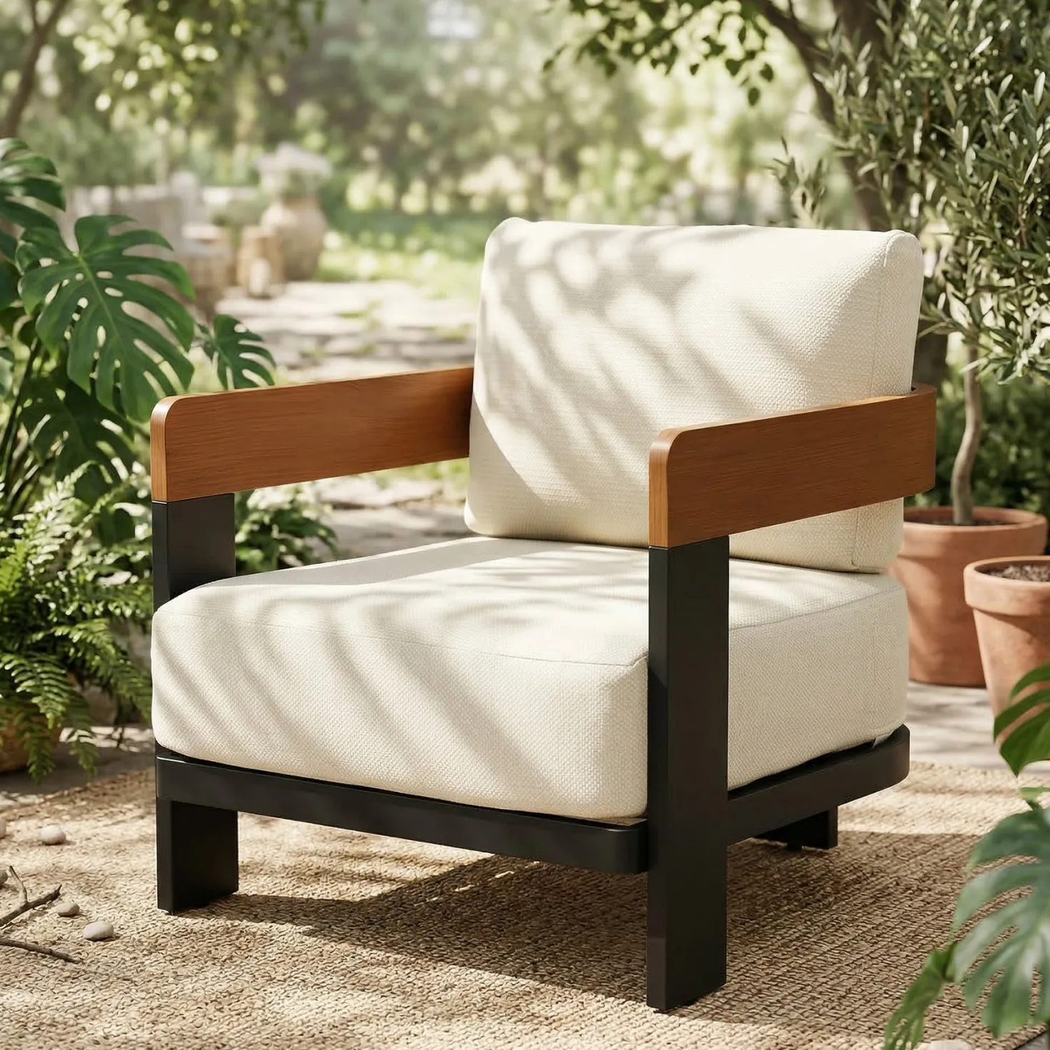 Outdoor Lounge Chair, Patio Armchair Club Chair With Cushions & Aluminum Frame