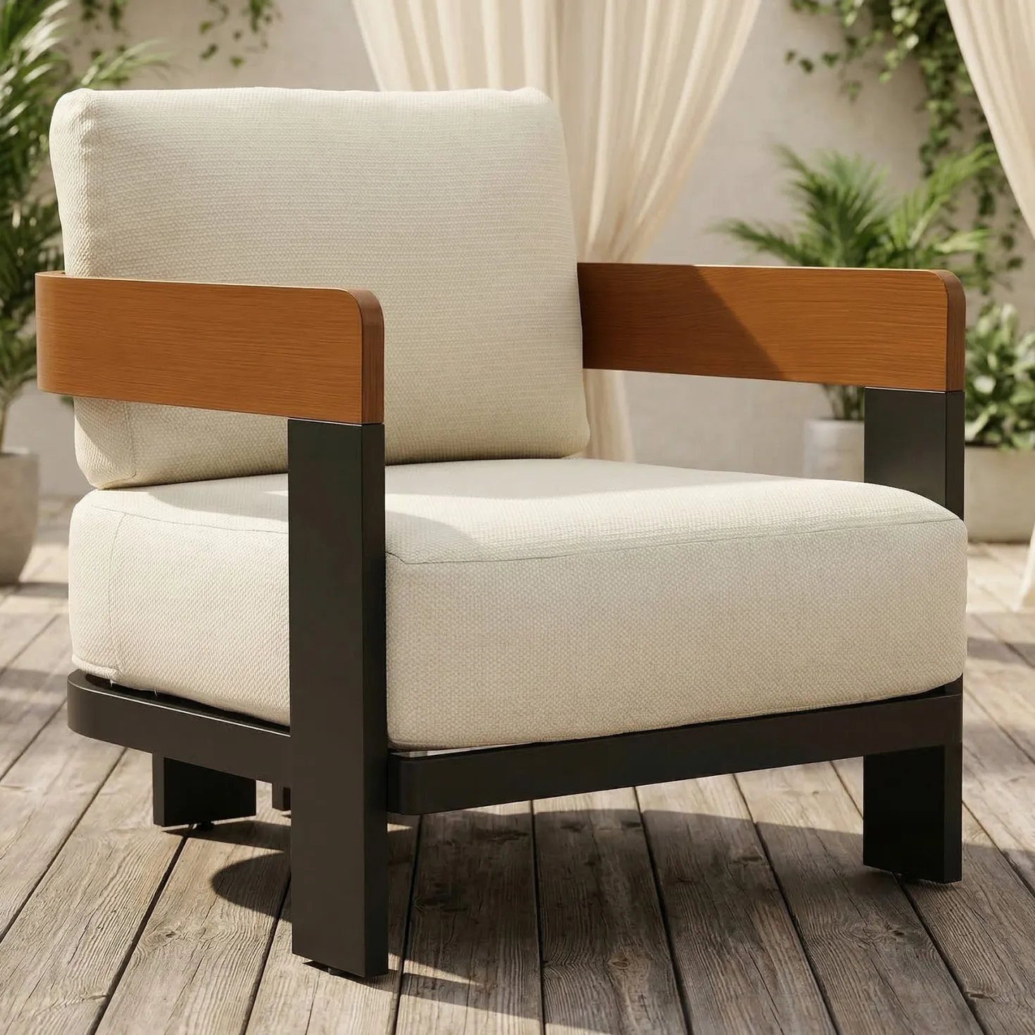 Outdoor Lounge Chair, Patio Armchair Club Chair With Cushions & Aluminum Frame