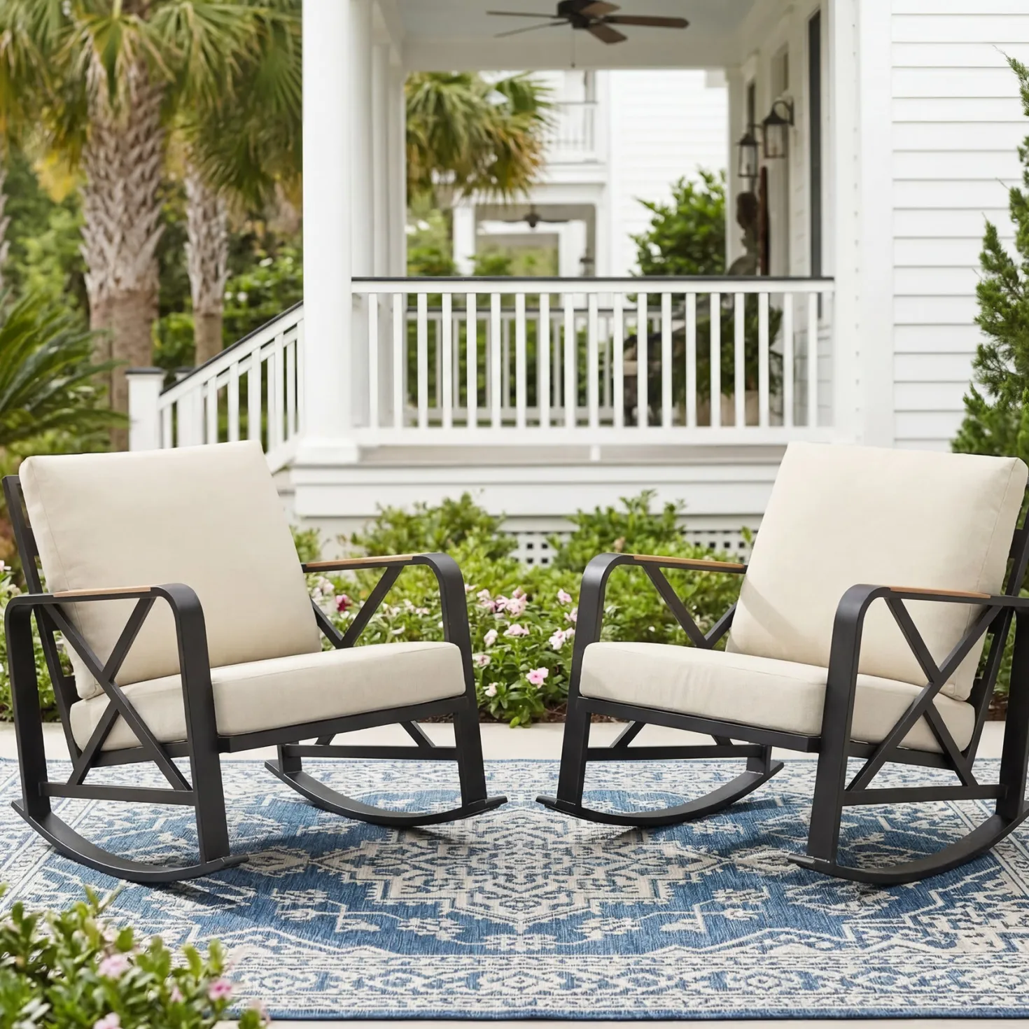 Outdoor Rocking Chair, Patio Seating Waterproof Rocker with Thick Cushion