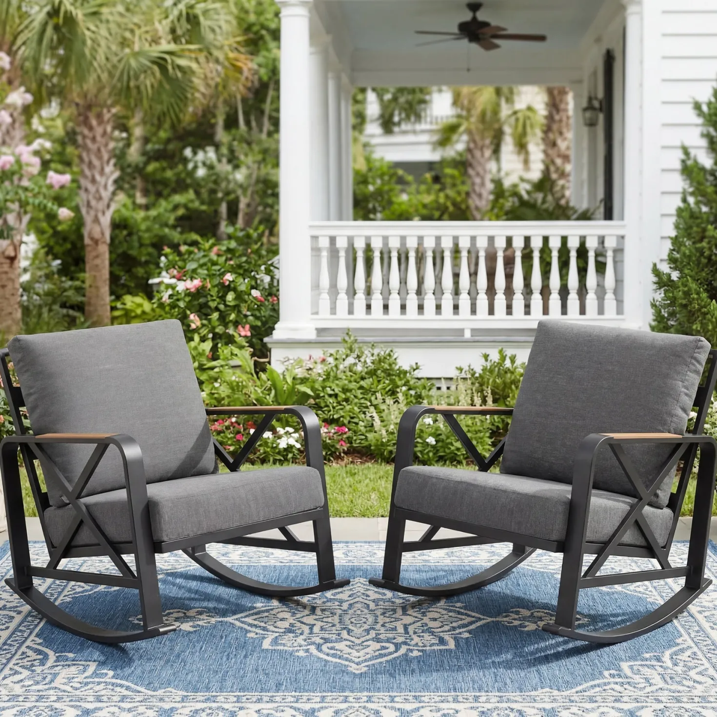 Outdoor Rocking Chair, Patio Seating Waterproof Rocker with Thick Cushion