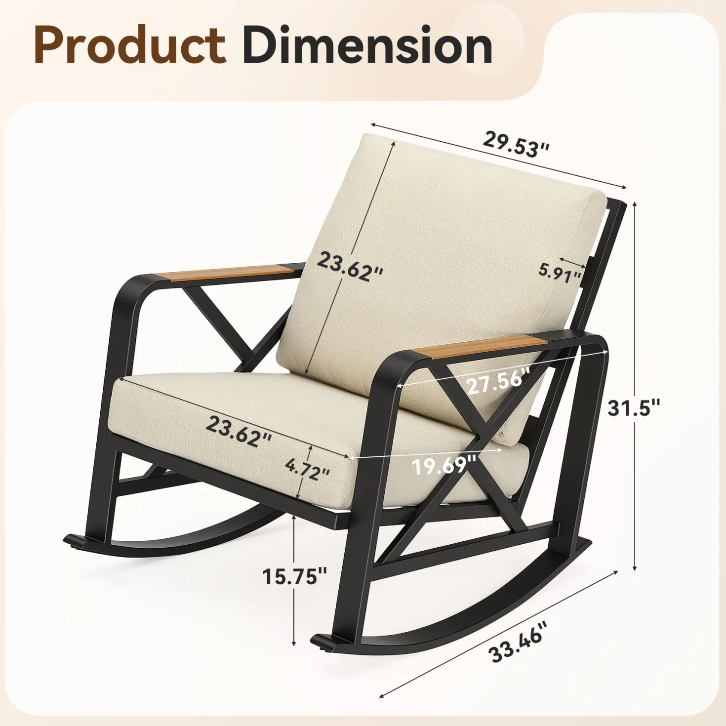 Outdoor Rocking Chair, Patio Seating Waterproof Rocker with Thick Cushion