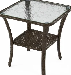 Outdoor Side Table, Rattan Wicker Table with Tempered Glass Top