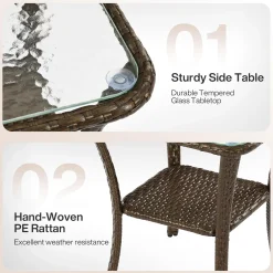 Outdoor Side Table, Rattan Wicker Table with Tempered Glass Top