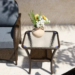 Outdoor Side Table, Rattan Wicker Table with Tempered Glass Top