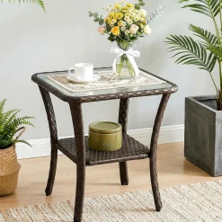 Outdoor Side Table, Rattan Wicker Table with Tempered Glass Top