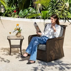 Outdoor Side Table, Rattan Wicker Table with Tempered Glass Top