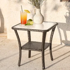 Outdoor Side Table, Rattan Wicker Table with Tempered Glass Top