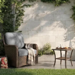 Outdoor Side Table, Rattan Wicker Table with Tempered Glass Top