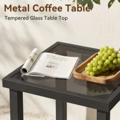 Outdoor Square End Table, Patio Side Table with Water-Resistant Glass Top
