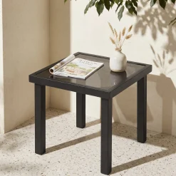 Outdoor Square End Table, Patio Side Table with Water-Resistant Glass Top