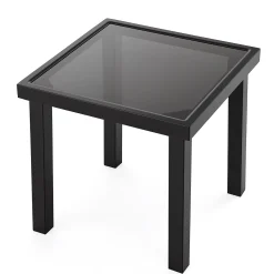 Outdoor Square End Table, Patio Side Table with Water-Resistant Glass Top