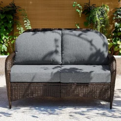 Outdoor Wicker Loveseat, 2-Seater Patio Sofa PE Rattan Outdoor Furniture for Porch