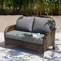 Outdoor Wicker Loveseat, 2-Seater Patio Sofa PE Rattan Outdoor Furniture for Porch