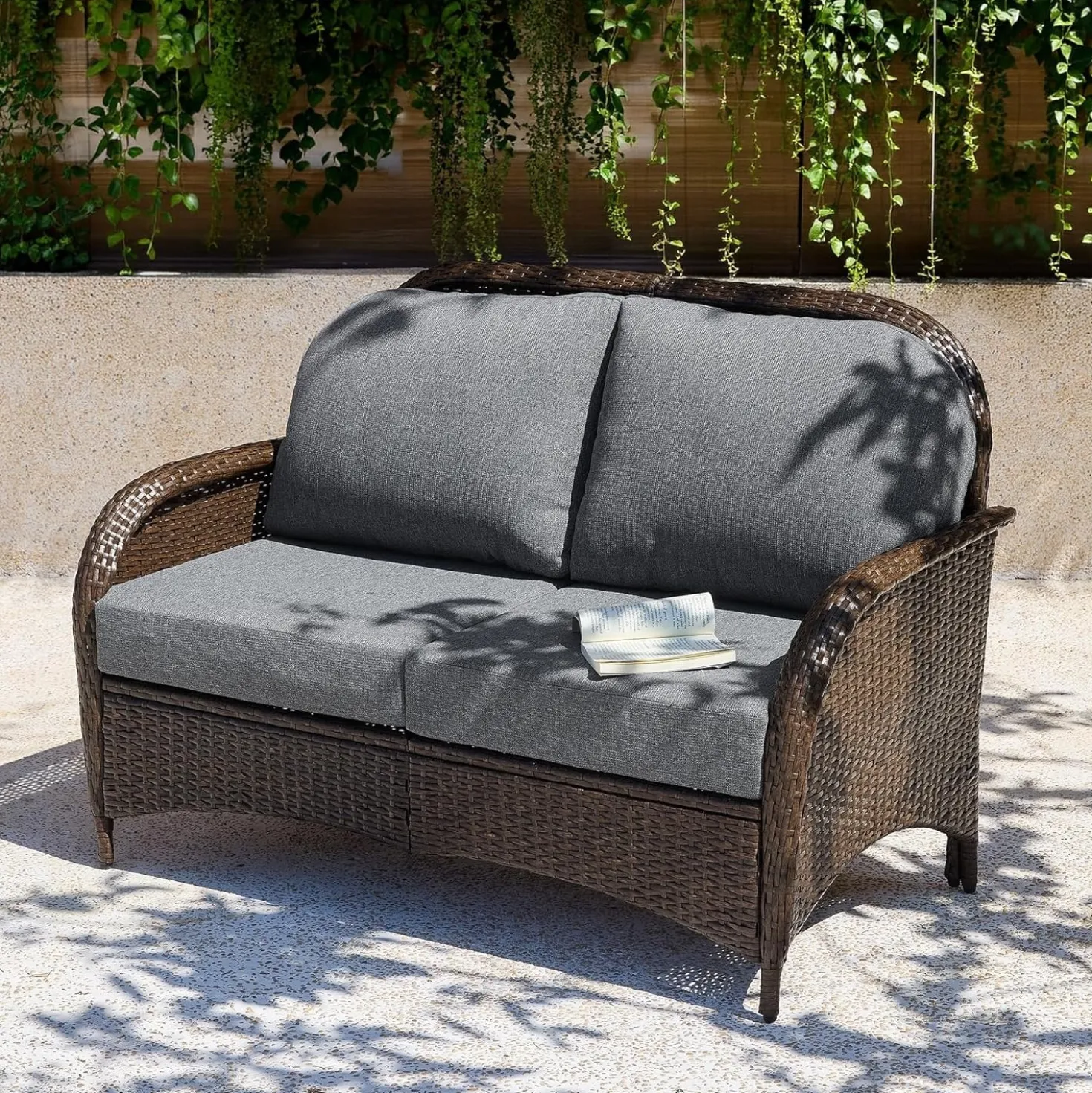Outdoor Wicker Loveseat, 2-Seater Patio Sofa PE Rattan Outdoor Furniture for Porch