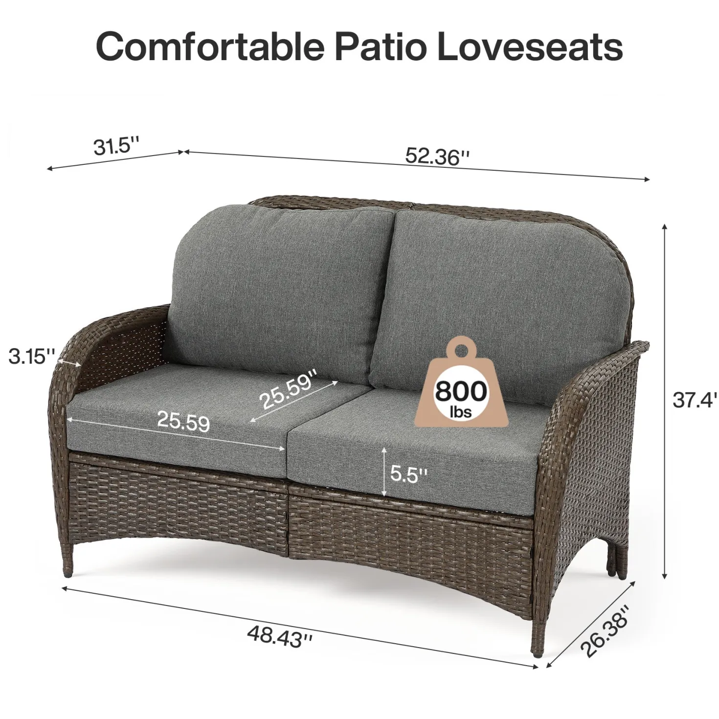 Outdoor Wicker Loveseat, 2-Seater Patio Sofa PE Rattan Outdoor Furniture for Porch