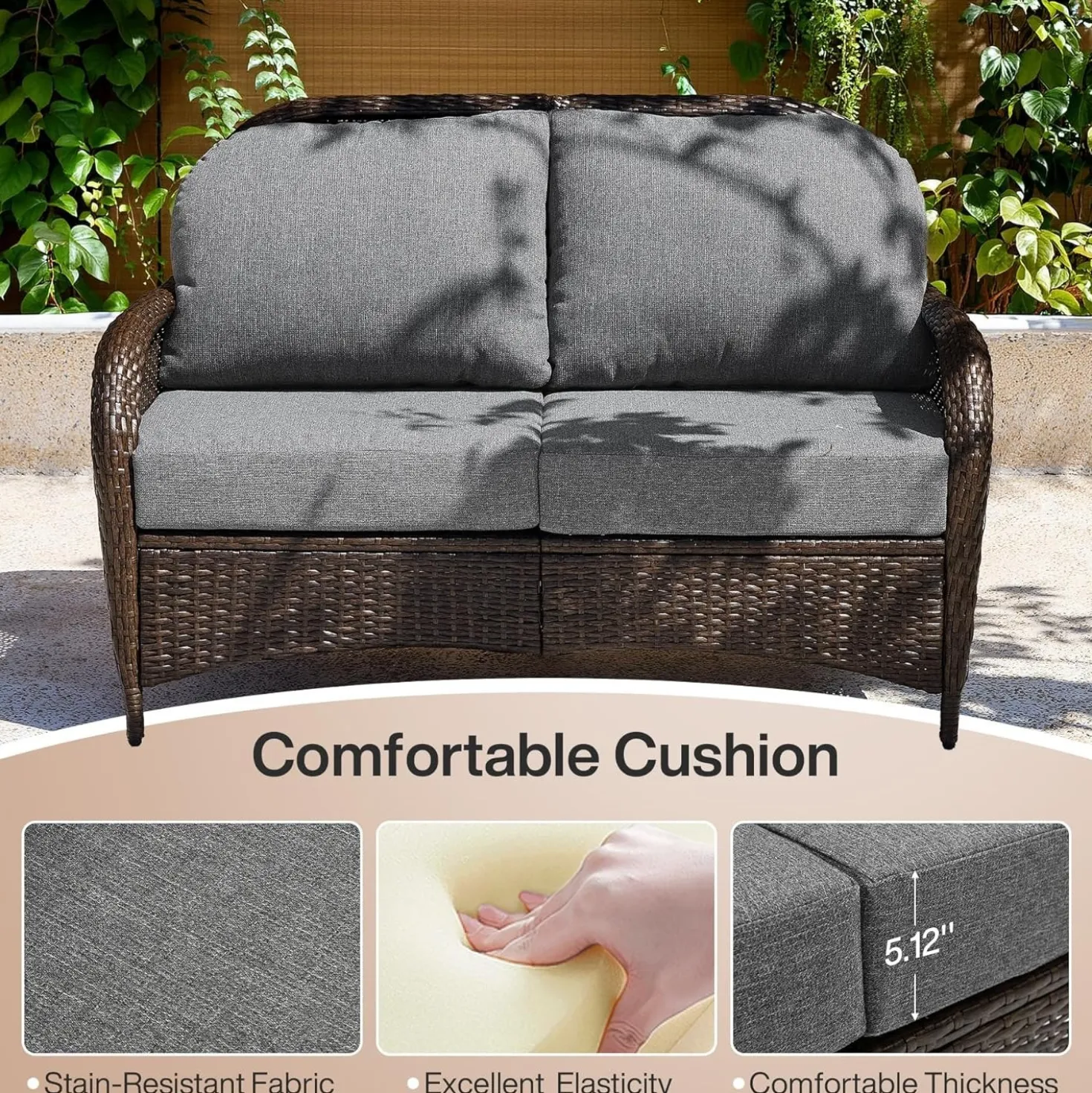 Outdoor Wicker Loveseat, 2-Seater Patio Sofa PE Rattan Outdoor Furniture for Porch