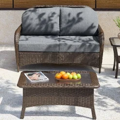Outdoor Wicker Loveseat, 2-Seater Patio Sofa PE Rattan Outdoor Furniture for Porch