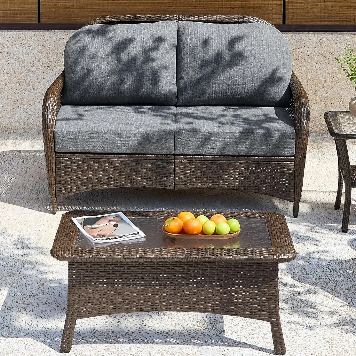 Outdoor Wicker Loveseat, 2-Seater Patio Sofa PE Rattan Outdoor Furniture for Porch
