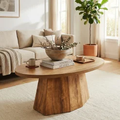Oval Coffee Table, 47" Center Accent Table with Polygonal Pedestal for Living Room