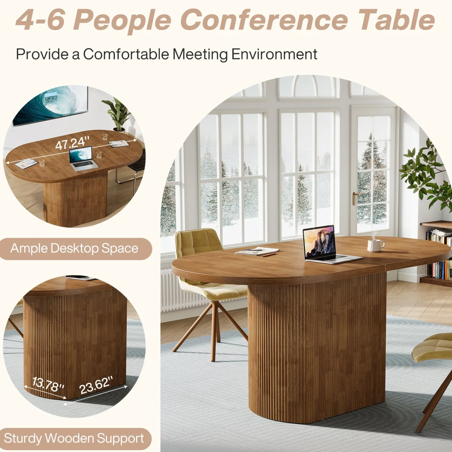 Oval Conference Table, 47.24" Meeting Table with Polygon Base for 4 People