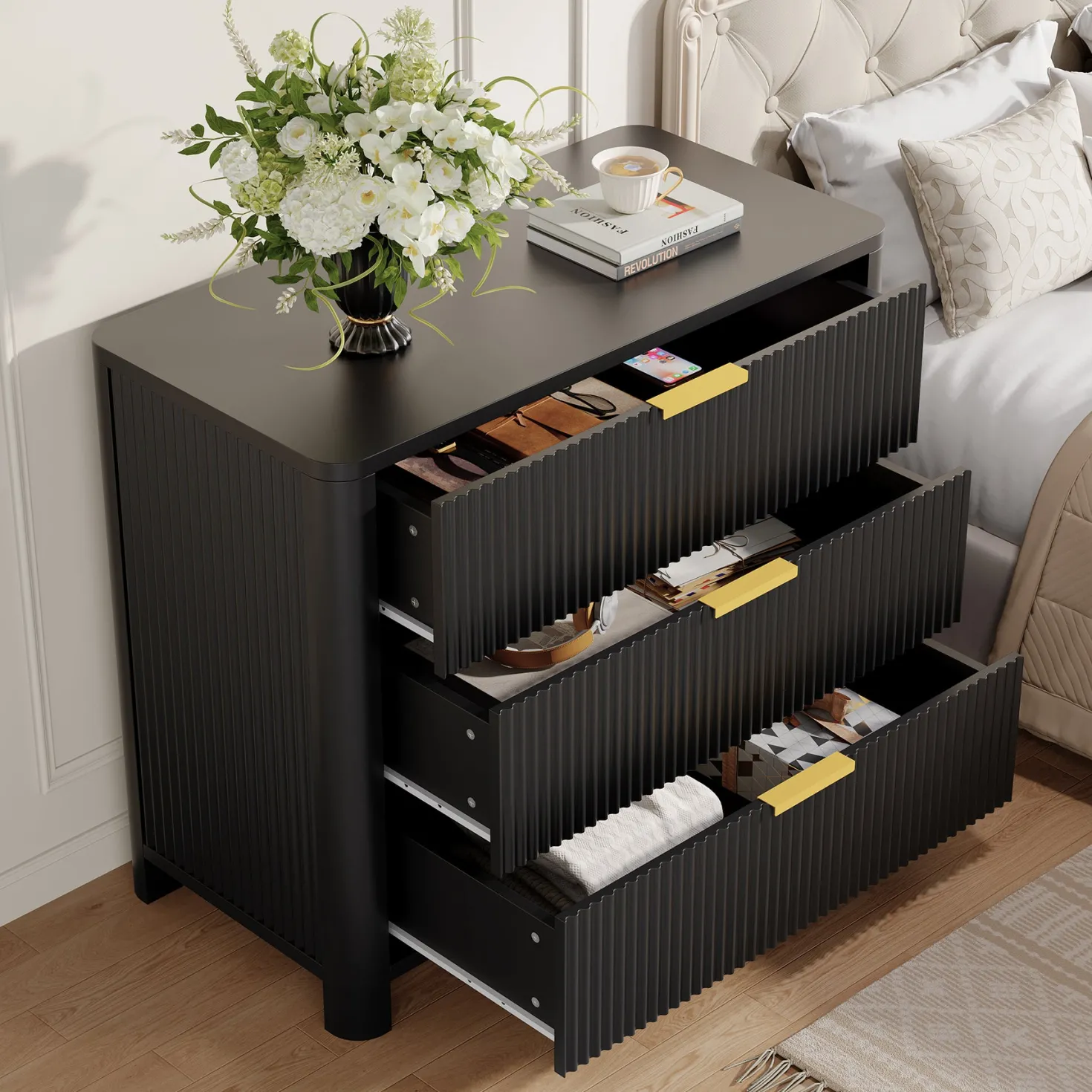 Oversized Nightstand, 31.5" Wide Bedside Table with 3 Drawers for Bedroom
