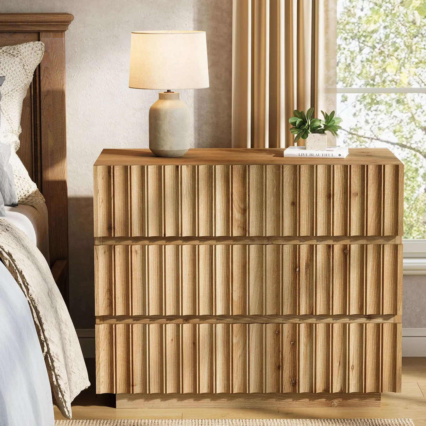 Oversized Solid Wood Nightstand, 31.5" Bedside Table with 3 Drawers