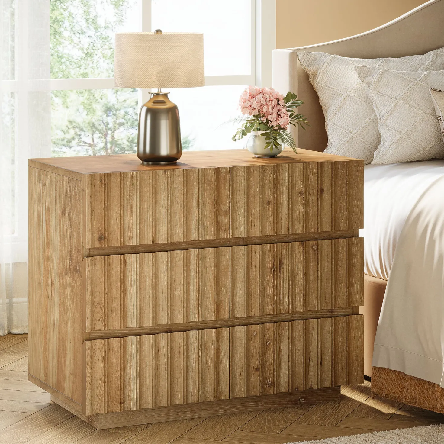 Oversized Solid Wood Nightstand, 31.5" Bedside Table with 3 Drawers