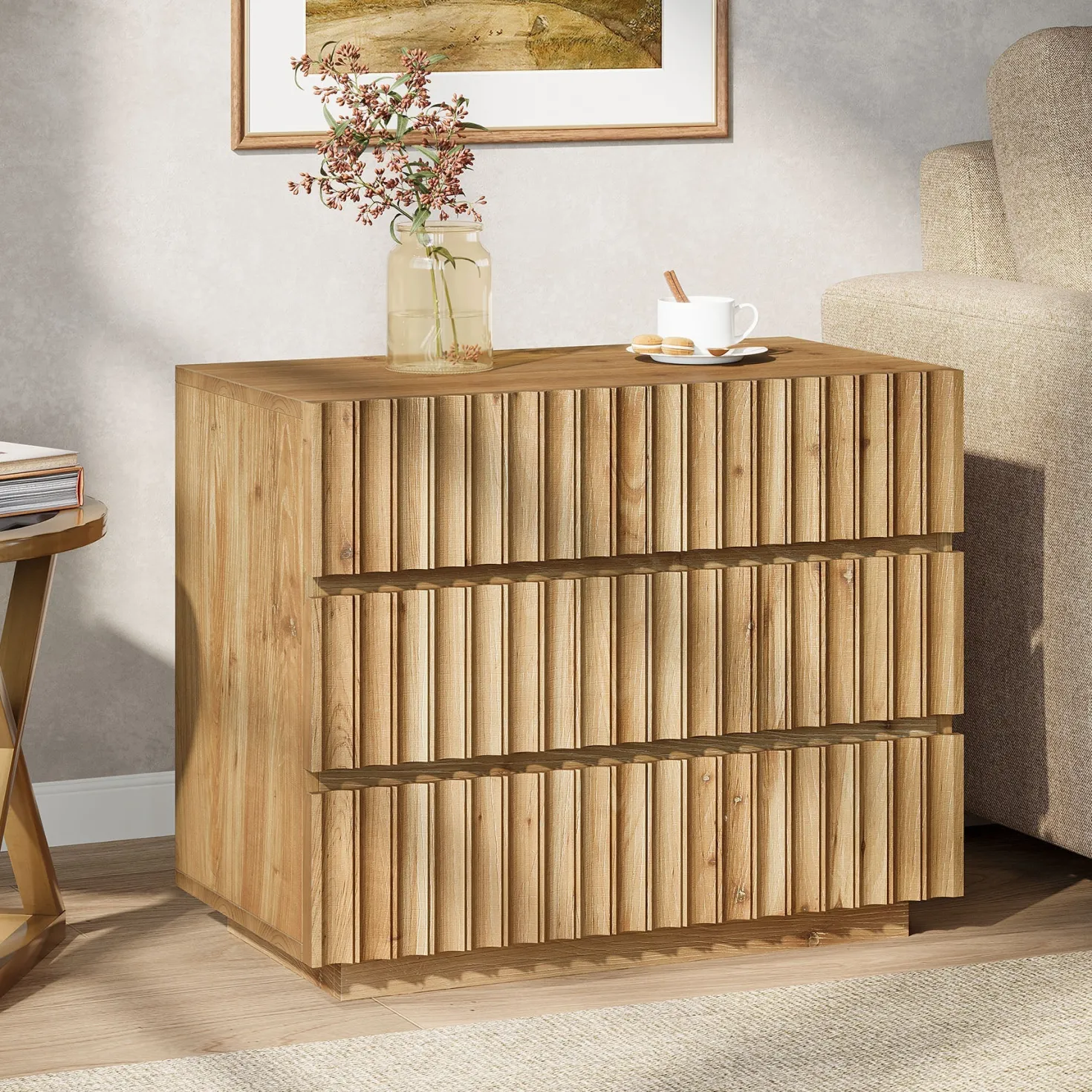 Oversized Solid Wood Nightstand, 31.5" Bedside Table with 3 Drawers
