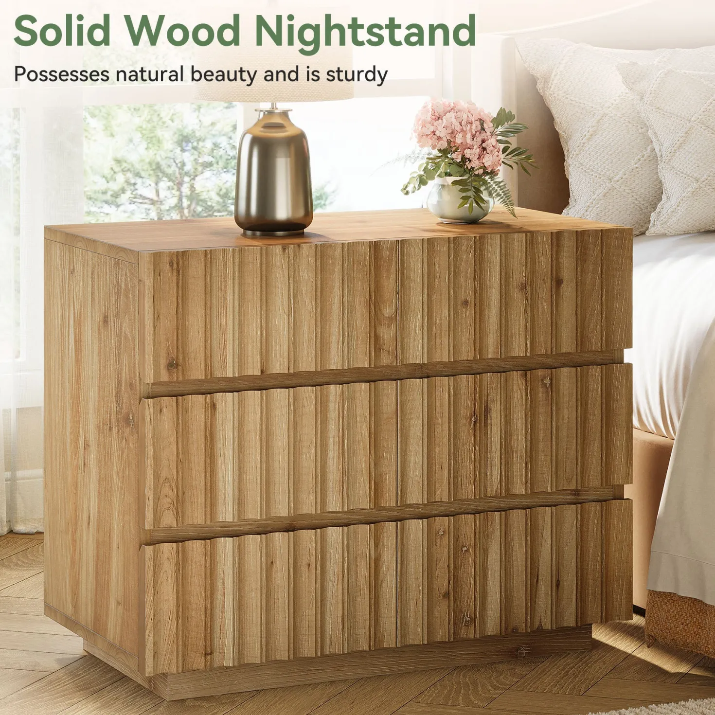 Oversized Solid Wood Nightstand, 31.5" Bedside Table with 3 Drawers