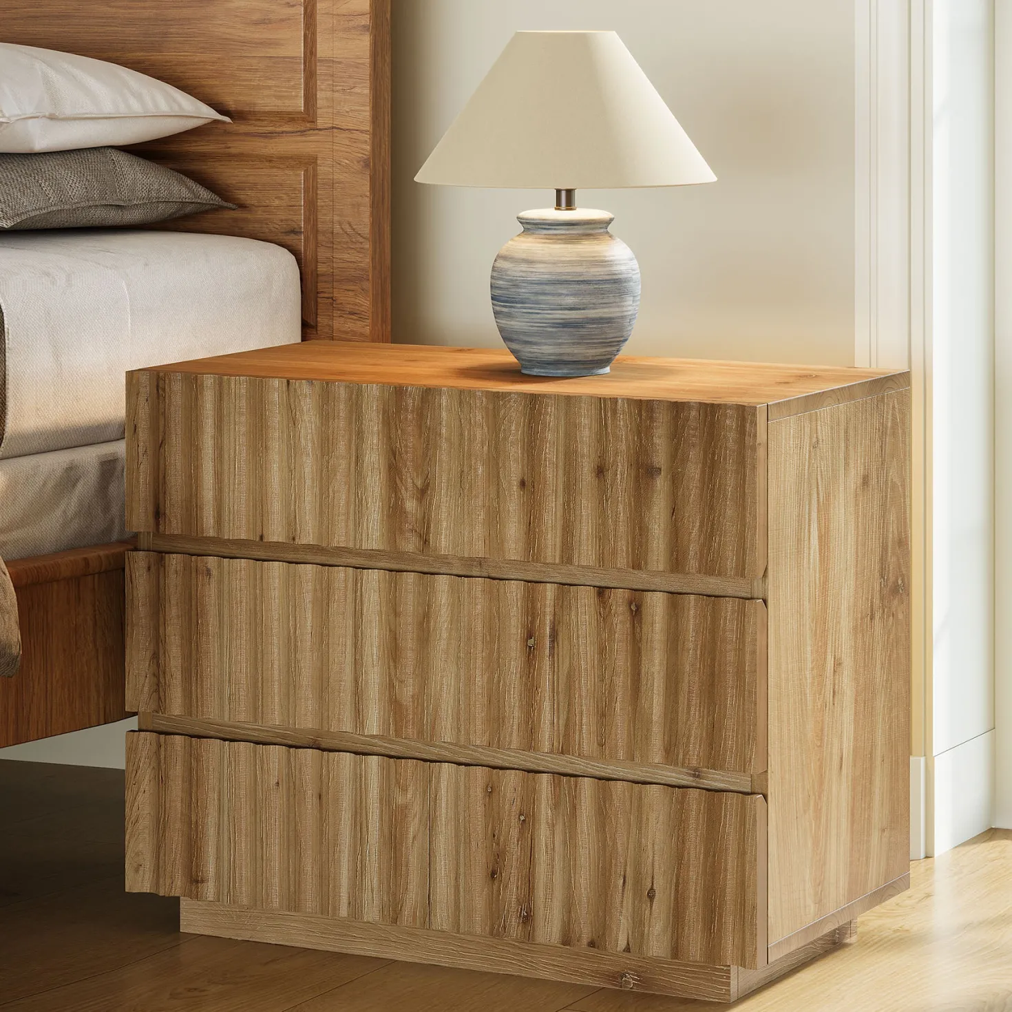 Oversized Solid Wood Nightstand, 31.5" Bedside Table with 3 Drawers
