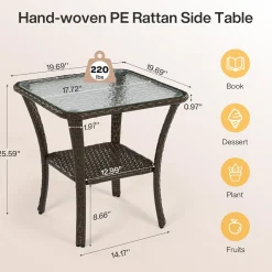 Patio Side Table, Outdoor 2-Tier Rattan End Table for Porch