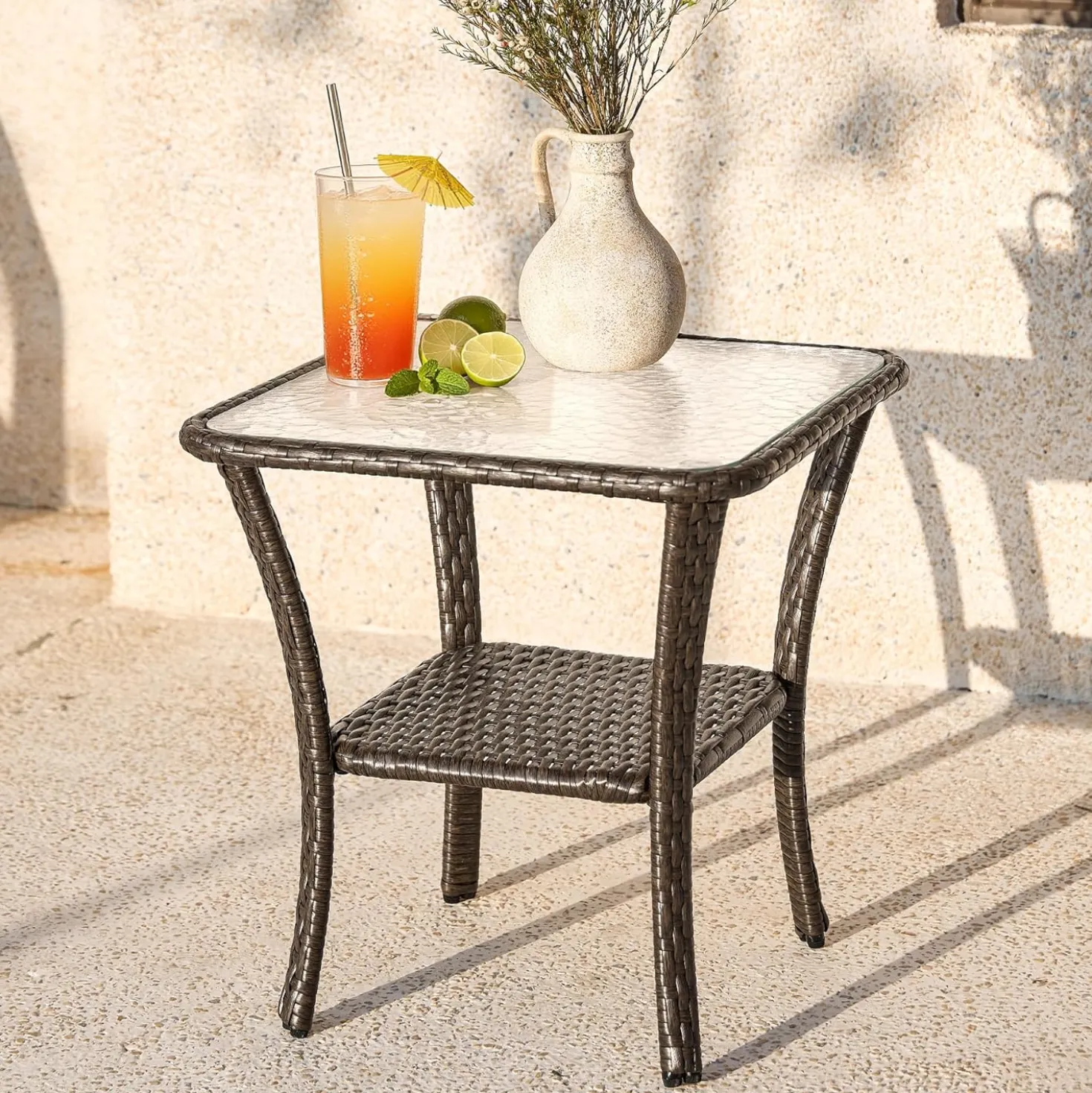 Patio Side Table, Outdoor 2-Tier Rattan End Table for Porch