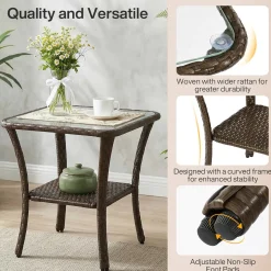 Patio Side Table, Outdoor 2-Tier Rattan End Table for Porch
