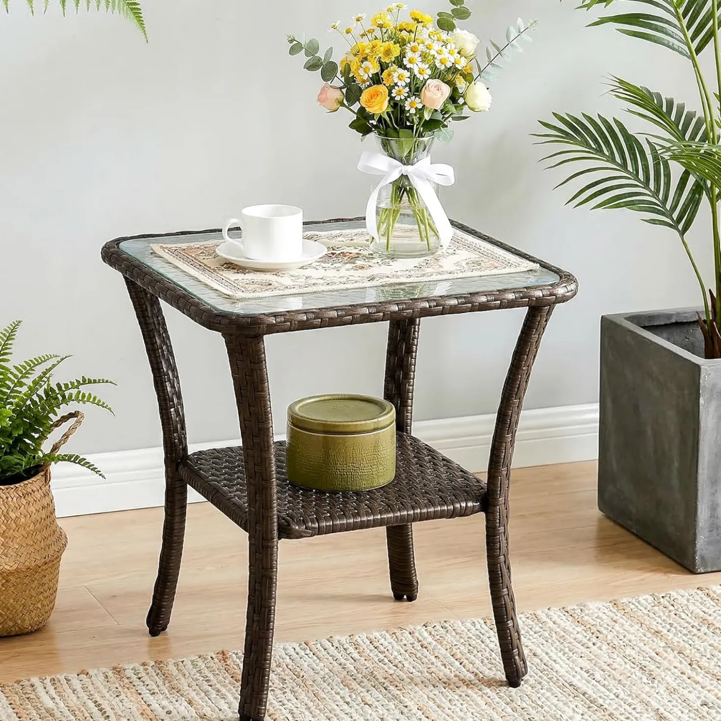 Patio Side Table, Outdoor 2-Tier Rattan End Table for Porch