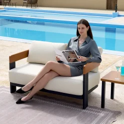Patio Sofa Loveseat, Outdoor 2-Seater U-Shape Chair with Cushions