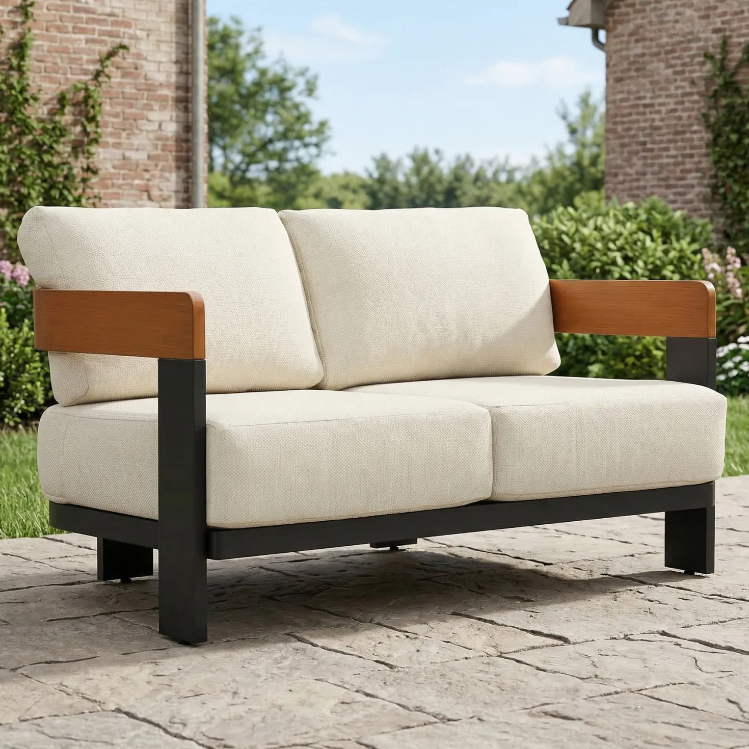 Patio Sofa Loveseat, Outdoor 2-Seater U-Shape Chair with Cushions