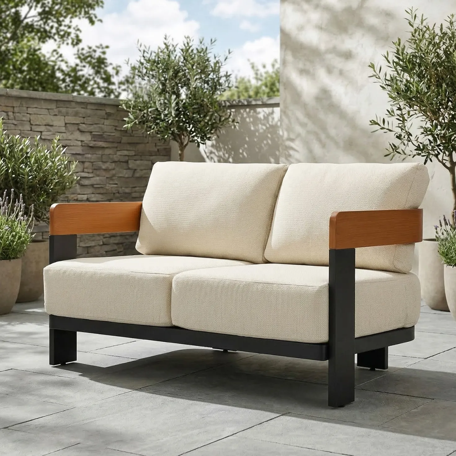 Patio Sofa Loveseat, Outdoor 2-Seater U-Shape Chair with Cushions