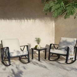 2-Person Outdoor Rocking Chair Set With Bistro Side Table And Cushions