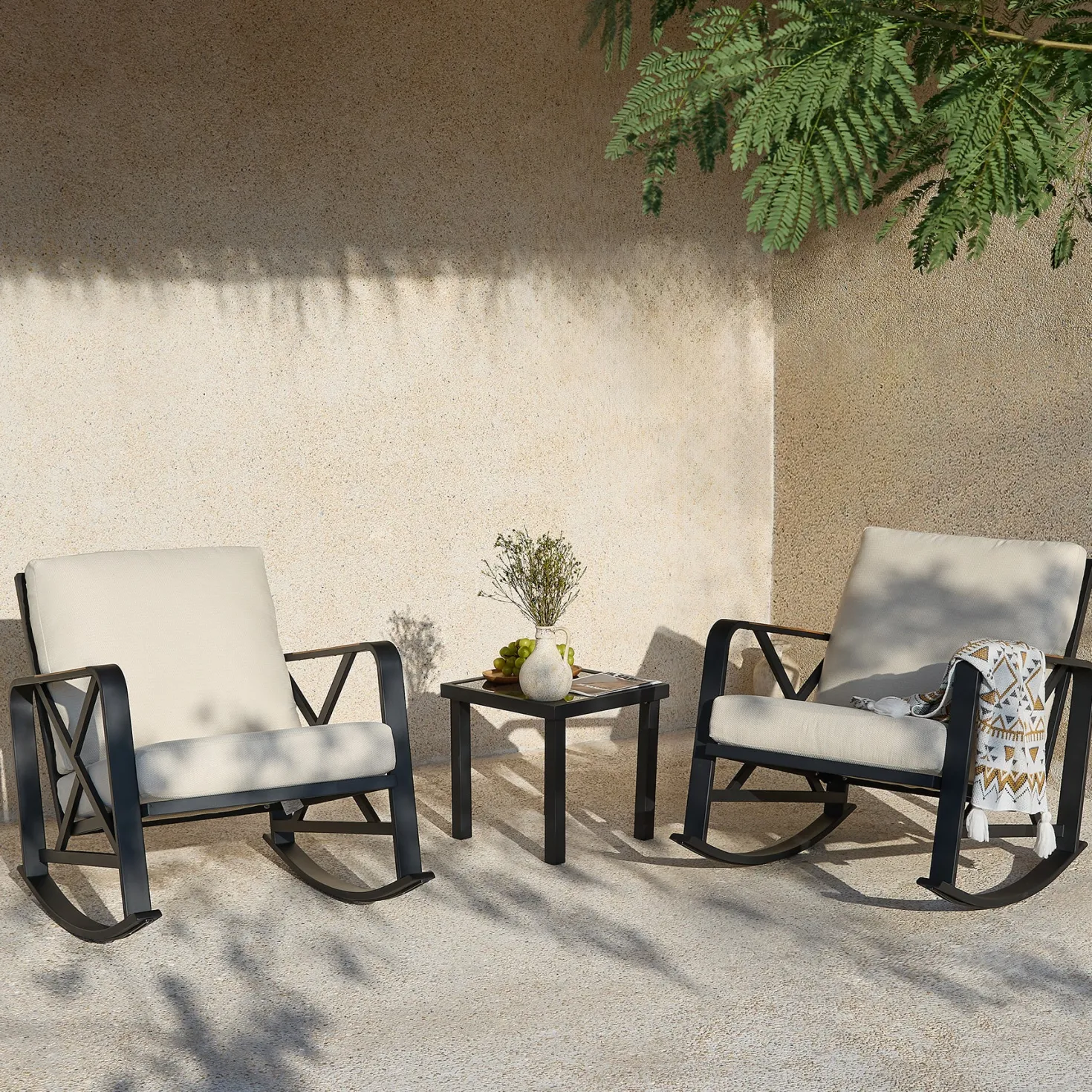 2-Person Outdoor Rocking Chair Set With Bistro Side Table And Cushions