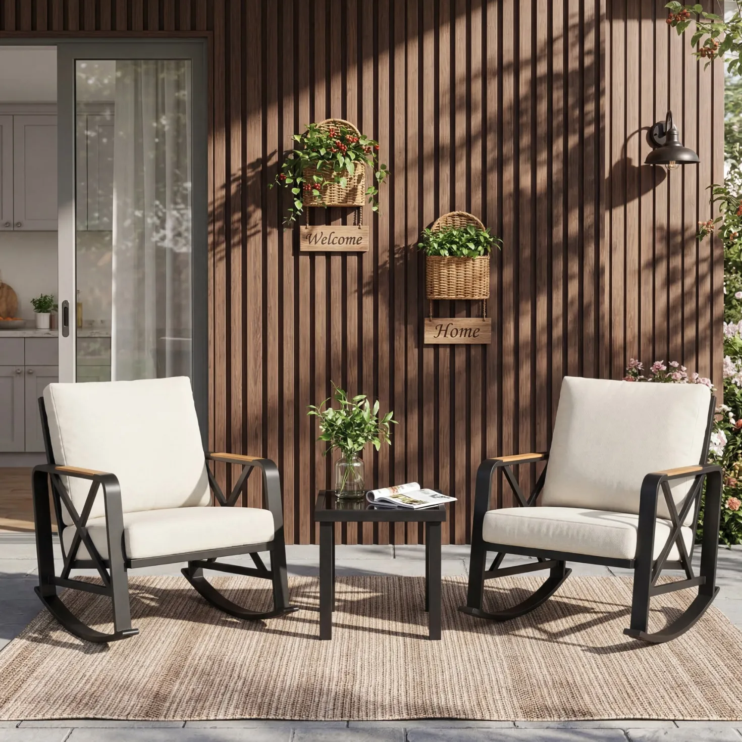 2-Person Outdoor Rocking Chair Set With Bistro Side Table And Cushions