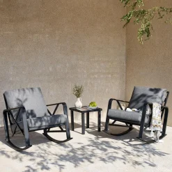 2-Person Outdoor Rocking Chair Set With Bistro Side Table And Cushions