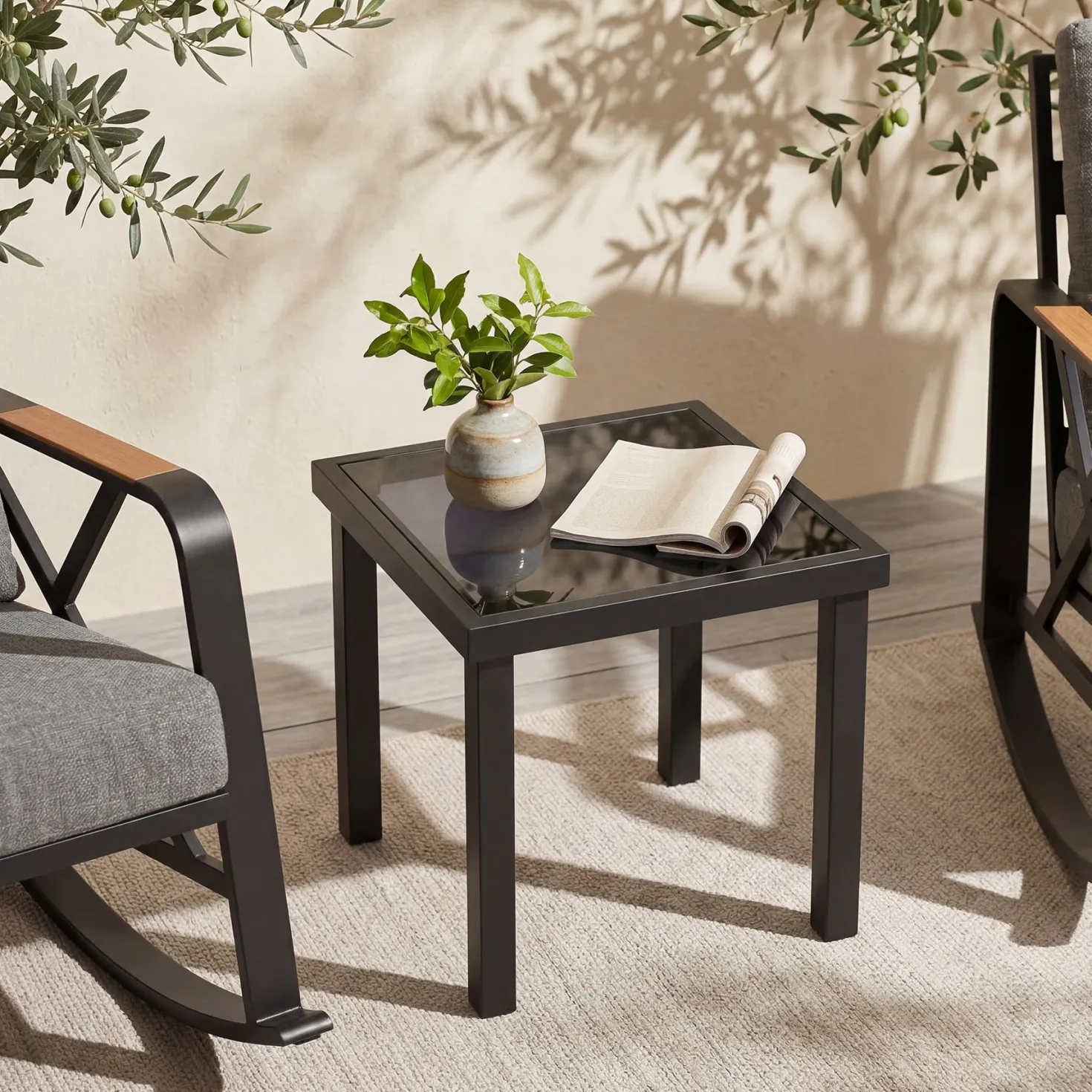 2-Person Outdoor Rocking Chair Set With Bistro Side Table And Cushions