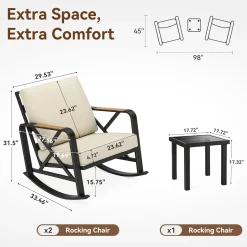2-Person Outdoor Rocking Chair Set With Bistro Side Table And Cushions