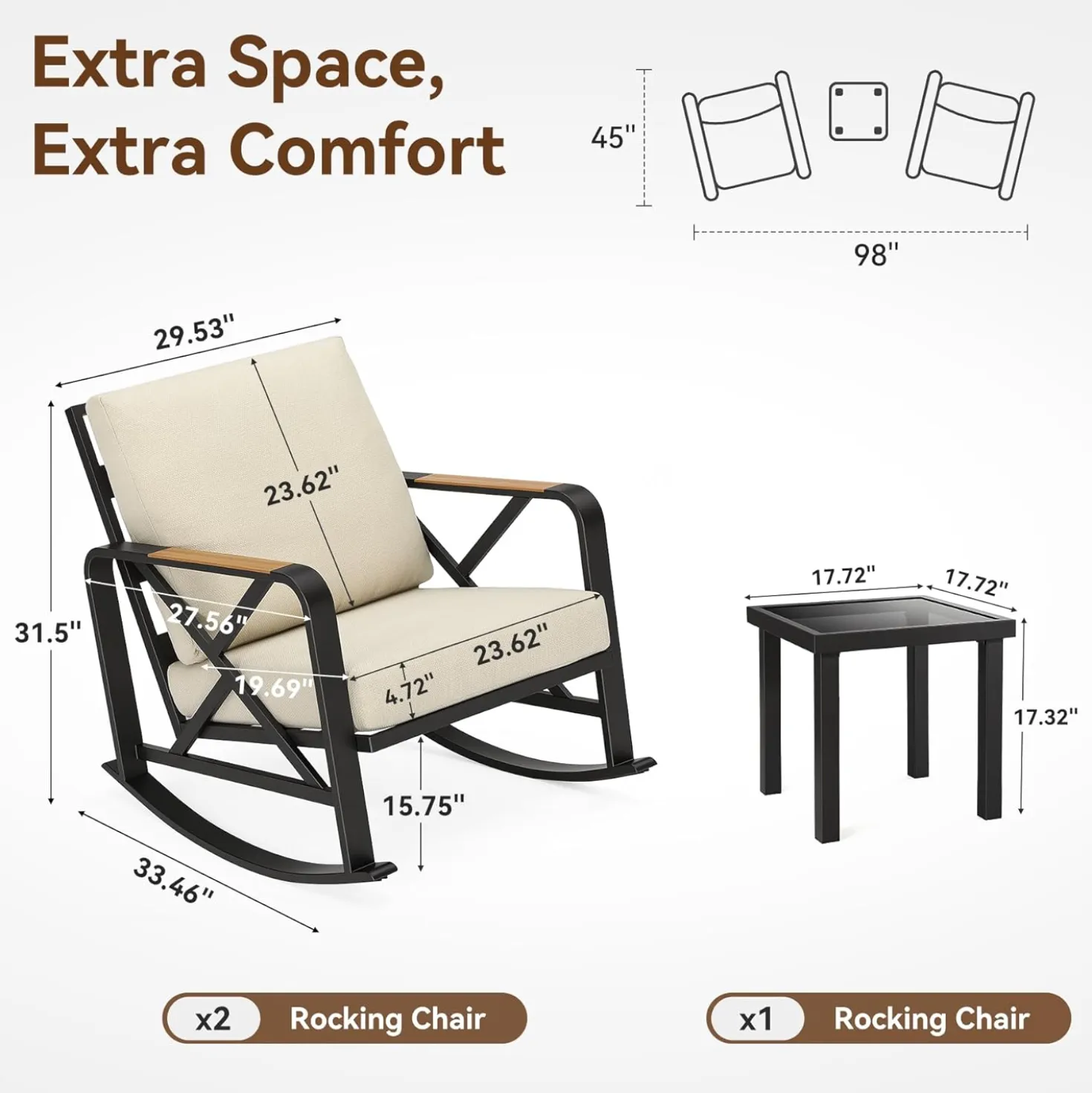 2-Person Outdoor Rocking Chair Set With Bistro Side Table And Cushions