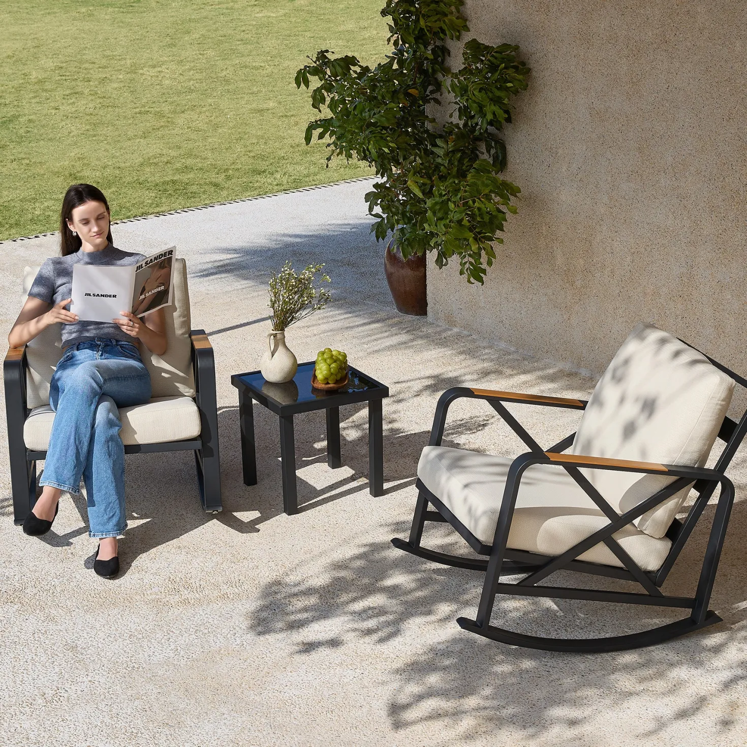 2-Person Outdoor Rocking Chair Set With Bistro Side Table And Cushions