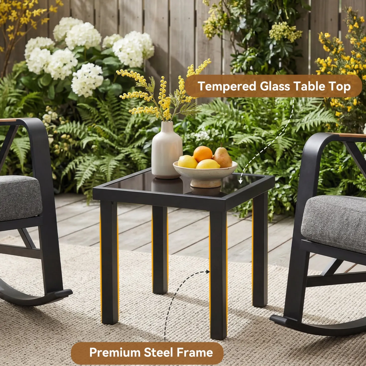 2-Person Outdoor Rocking Chair Set With Bistro Side Table And Cushions
